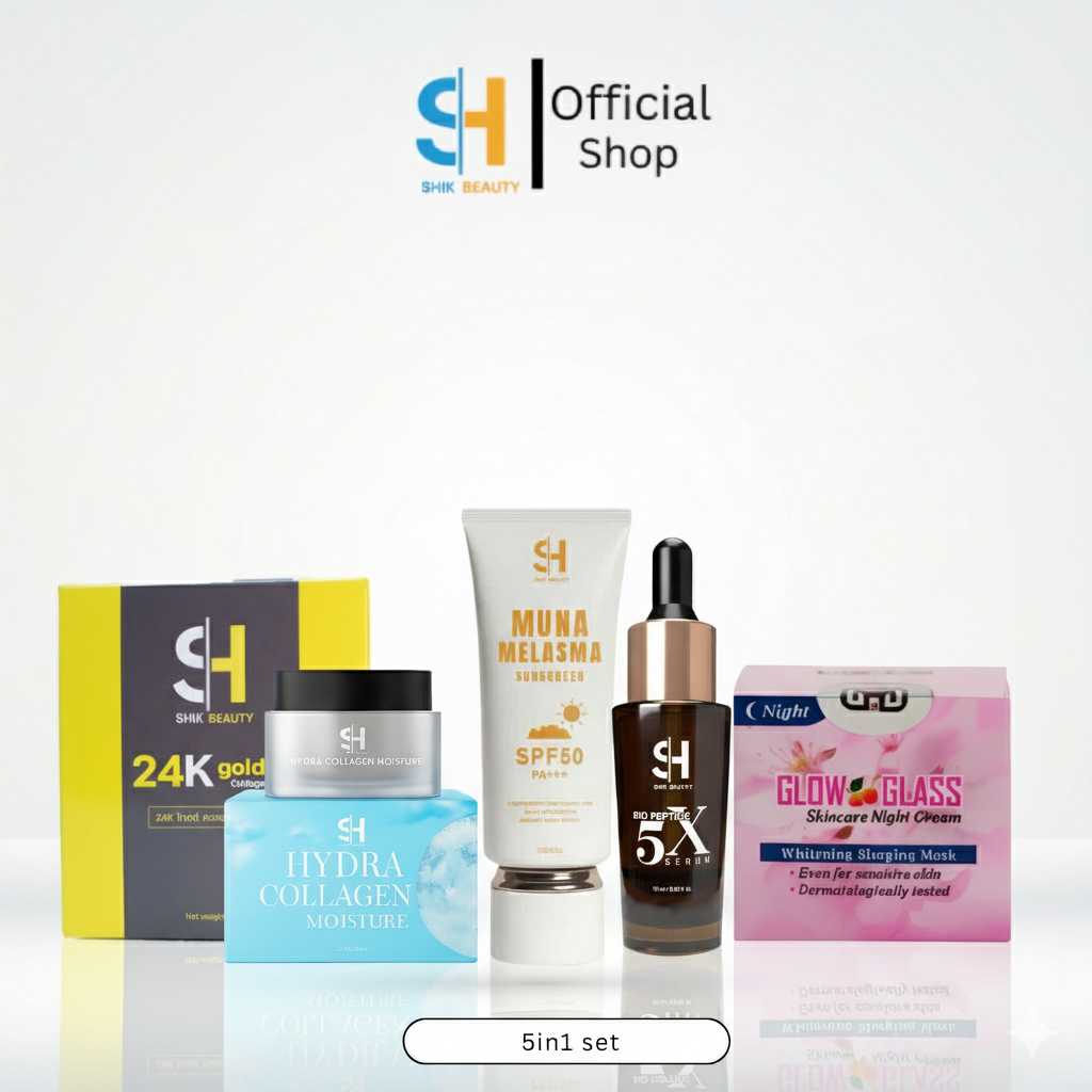 SHIK BEAUTY 5-in-1 Skincare Set – 24K Gold Soap + Bio Peptide 5X Serum + Hydra Collagen Moisture + MUNA SPF50 Sunscreen + Glow & Glass Night Cream