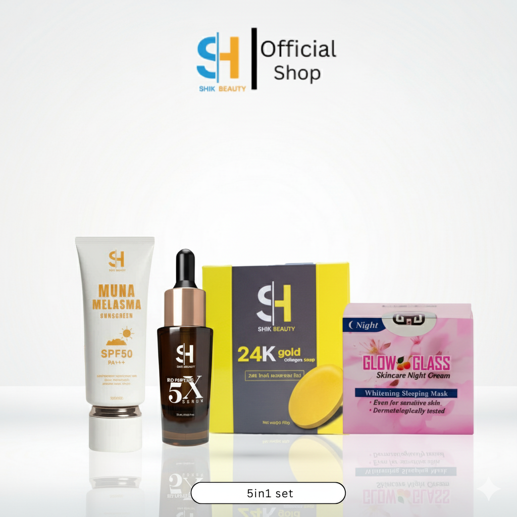 SHIK BEAUTY 5-in-1 Skincare Set – Bio Peptide 5X Serum + MUNA SPF50 Sunscreen + 24K Gold Soap + Glow & Glass Night Cream