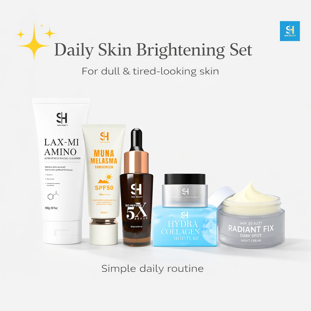 SHIK BEAUTY 5-in-1 Skincare Set – LAX-MI Cleanser + MUNA SPF50 Sunscreen + Bio Peptide 5X Serum + Hydra Collagen Moisture + Radiant Fix Night Cream