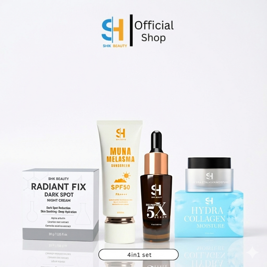 SHIK BEAUTY 4-in-1 Skincare Set – Bio Peptide 5X Serum + Hydra Collagen Moisture + SPF50 Sunscreen + Radiant Fix Night Cream