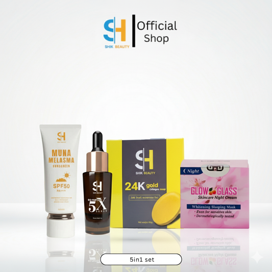 SHIK BEAUTY 5-in-1 Skincare Set – Bio Peptide 5X Serum + MUNA SPF50 Sunscreen + 24K Gold Soap + Glow & Glass Night Cream