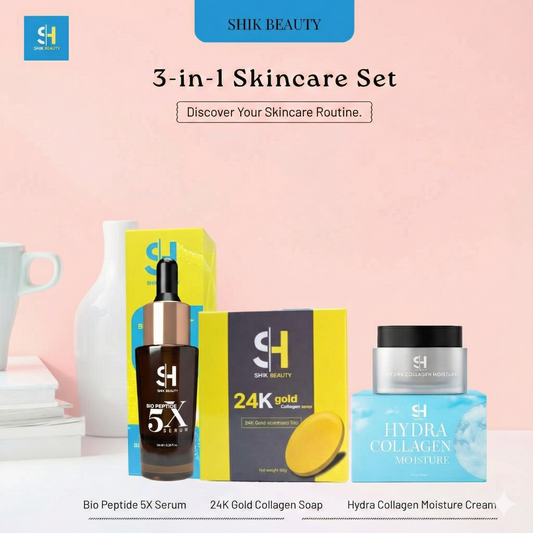 SHIK BEAUTY 3-in-1 Skincare Set – Bio Peptide 5X Serum + 24K Gold Collagen Soap + Hydra Collagen Moisture Cream